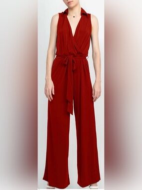 Nina Leonard Wide-Leg Jumpsuit in Deep Red with Waist Tie